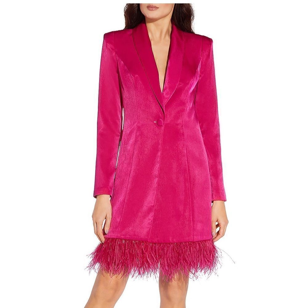 ⭕️ AIDAN MATTOX Feather Hem Tuxedo Dress Rose Color Pink US 8 Medium